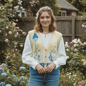 Vtg Yellow & Blue Knitted Floral Vest Granny Cottagecore Birdhouse SZ  8-10